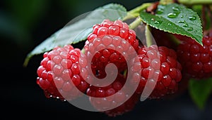 Freshness of nature gourmet dessert ripe raspberry, juicy strawberry generated by AI