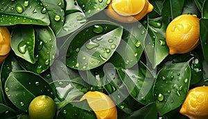 Freshness of nature green leaves, yellow citrus fruit, organic food