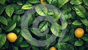 Freshness of nature green leaves, yellow citrus fruit, organic food