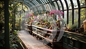 Freshness of nature indoors green plants blossom in greenhouse generated by AI