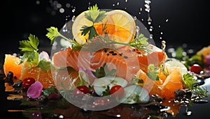 Freshness and nature on a plate, a gourmet seafood meal generated by AI