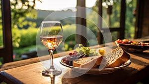 Freshness of nature in a rustic winery, enjoying wine and food generated by AI