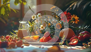 Freshness of nature on table plant, flower, food, outdoors