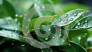 Freshness of nature wet leaf, dew drop, vibrant green growth generated by AI