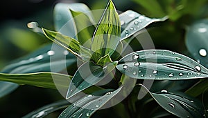 Freshness of nature wet leaf, dew drop, vibrant green growth generated by AI