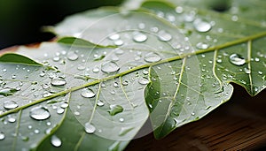 Freshness of nature wet leaf, dew drop, vibrant green plant generated by AI