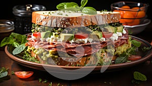 Freshness on a plate gourmet sandwich with grilled meat and vegetables generated by AI