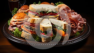 Freshness on plate gourmet sandwich with grilled pork and vegetables generated by AI