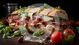 Freshness on plate gourmet sandwich with prosciutto, pork, and vegetables generated by AI