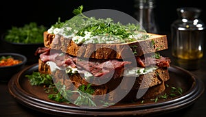 Freshness on plate gourmet sandwich with smoked meat and vegetables generated by AI