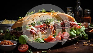 Freshness on a plate grilled ciabatta sandwich with pork and vegetables generated by AI