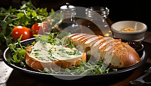 Freshness on plate grilled meat, gourmet bread, tomato, healthy salad generated by AI