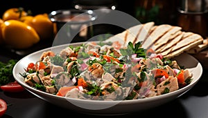 Freshness on plate grilled meat, healthy salad, gourmet appetizer generated by AI
