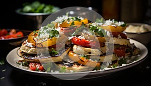 Freshness on plate grilled tomato, gourmet meal, healthy vegetarian food generated by AI