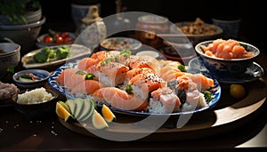 Freshness on plate seafood, fish, sashimi, nigiri, ginger, chopsticks, rice generated by AI