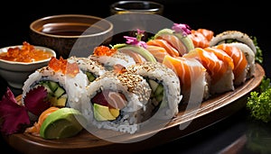 Freshness on plate seafood, sashimi, avocado, rice, maki sushi generated by AI