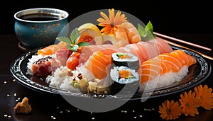 Freshness on plate seafood, sashimi, cultures, fish, rice, maki sushi generated by AI