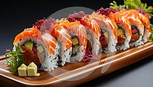 Freshness on plate seafood, sashimi, maki sushi, avocado, rice generated by AI