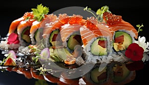 Freshness on plate seafood, sashimi, maki sushi, avocado, vegetable, rice generated by AI