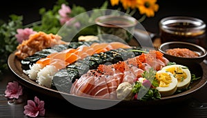 Freshness on plate seafood, sashimi, nigiri, maki sushi, avocado generated by AI