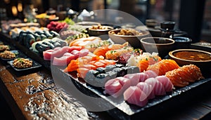 Freshness on plate seafood, sashimi, nigiri, maki sushi, rice, seaweed generated by AI