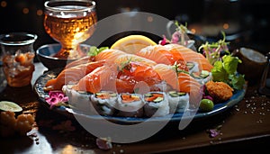 Freshness on a plate seafood, sashimi, salad, maki sushi, avocado generated by AI