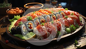 Freshness on a plate seafood, sushi, ginger, avocado, and rice generated by AI