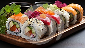 Freshness on plate sushi, sashimi, maki, avocado, ginger, seaweed generated by AI