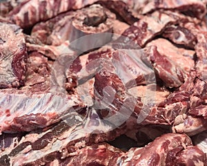 Freshness pork ribs bones slices piece prepared ingredients for selling in fresh food market top view ,Thailand