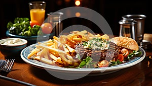 Freshness prepared potato, grilled beef, tomato, and vegetable on plate generated by AI