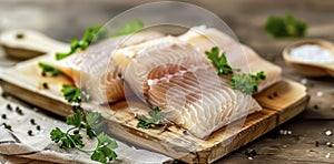 The Freshness of a Raw Fish Fillet Adorned with Parsley on a Rustic Cutting Board