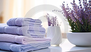 Freshness and relaxation in a clean purple bathroom generated by AI