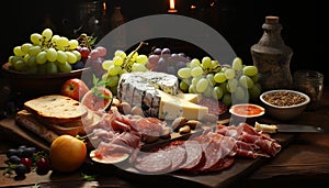 Freshness on a rustic table grape, bread, meat, wood generated by AI