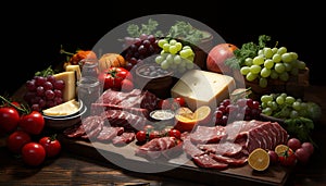 Freshness on a rustic table meat, fruit, and bread generated by AI