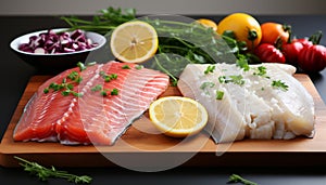 Freshness of seafood, gourmet meal grilled salmon steak, healthy eating generated by AI