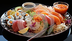 Freshness of seafood, rice and vegetables create a healthy Japanese meal generated by AI