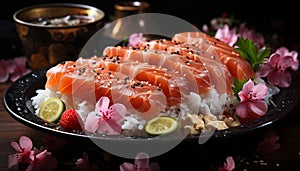 Freshness of seafood, sashimi slice, healthy eating, Japanese culture, rice generated by AI