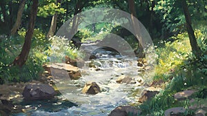 A peaceful river winding through a dense forest in spring
