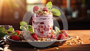 Freshness of summer berries in a gourmet yogurt parfait bowl generated by AI