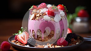 Freshness of summer berries in a healthy yogurt parfait bowl generated by AI