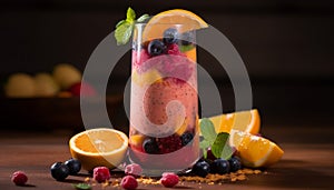 Freshness of summer fruit cocktail on wooden table with ice generated by AI