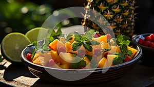 Freshness of summer pineapple, citrus fruit, and mint leaf salad generated by AI