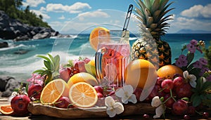 Freshness of summer pineapple, citrus fruit, and strawberry cocktail generated by AI