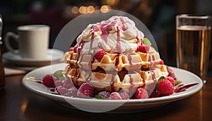 Freshness and sweetness on a Belgian waffle generated by AI