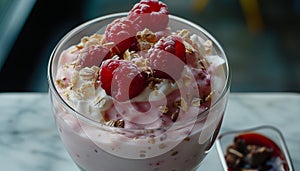 Freshness and sweetness in a bowl of raspberry yogurt parfait photo