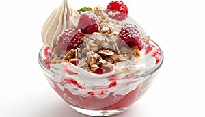 Freshness and sweetness in a bowl of raspberry yogurt parfait generated photo