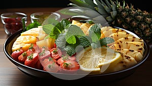 Freshness and sweetness in a gourmet summer dessert pineapple, strawberry, and mint leaf on a wooden plate generated by