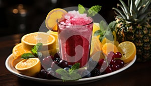 Freshness and sweetness in a healthy summer cocktail with pineapple, raspberry, and citrus fruit generated by AI