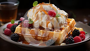 Freshness and sweetness on a plate, Belgian waffle with berry generated by AI