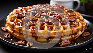 Freshness and sweetness on a plate, waffle stack with honey generated by AI